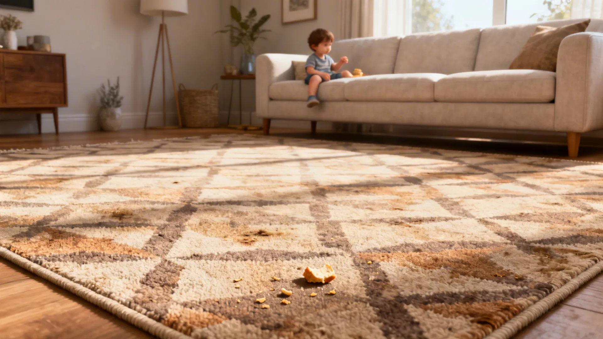 Small living room with a high-contrast patterned rug hiding small messes and wear.
