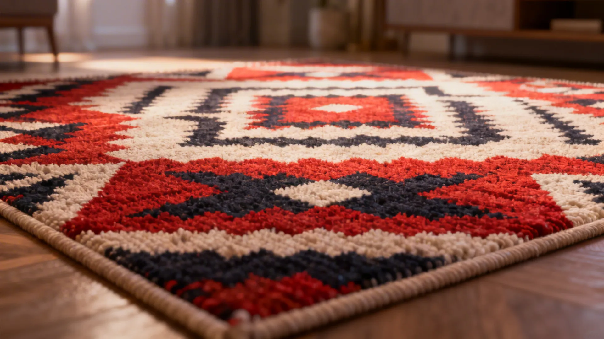 Macro view of a bold geometric 8x10 rug used as a room focal point with detailed weave visible.