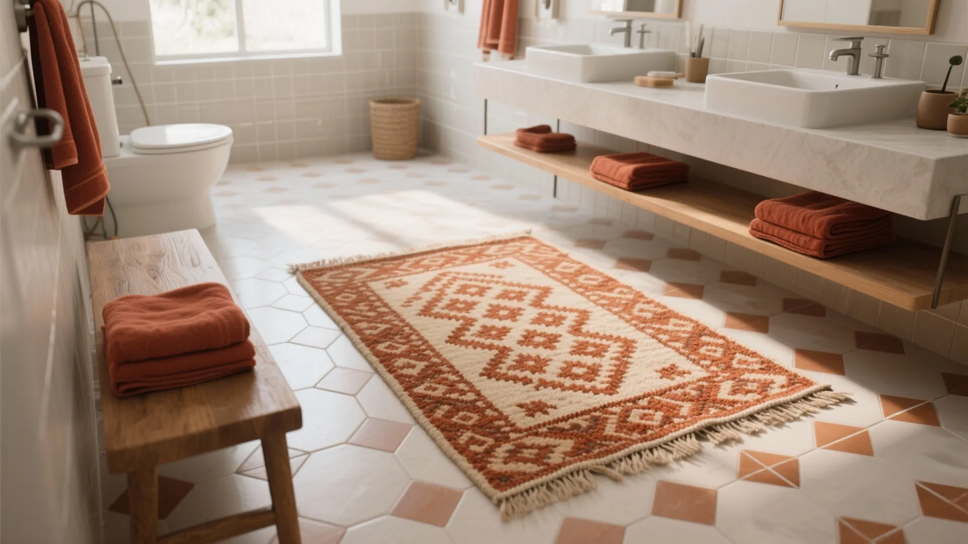 4. Patterned Rugs and Rust Towels