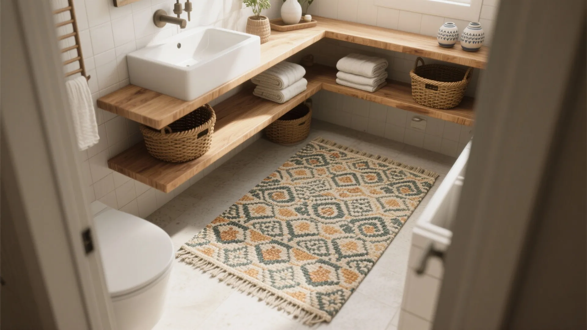 3. Patterned focal under open shelving