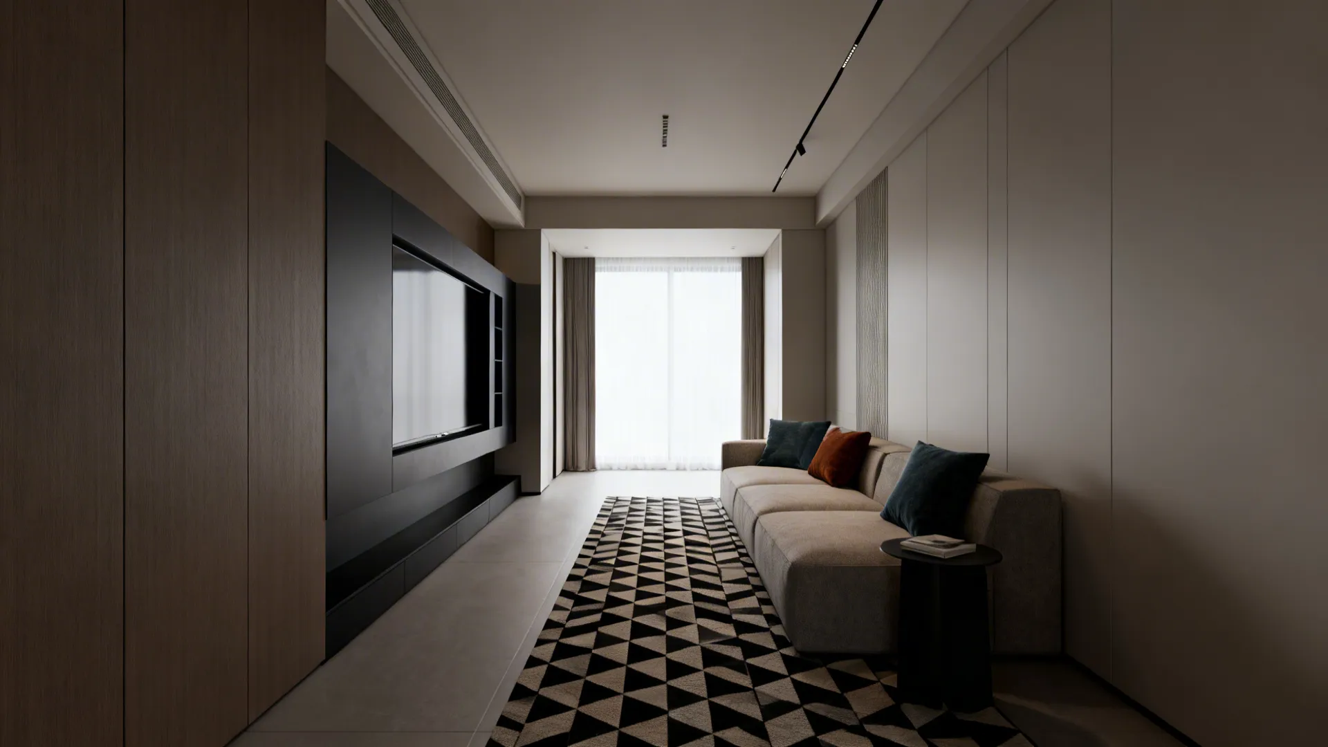 Narrow living room with a low-contrast geometric runner that elongates sightlines toward a window.