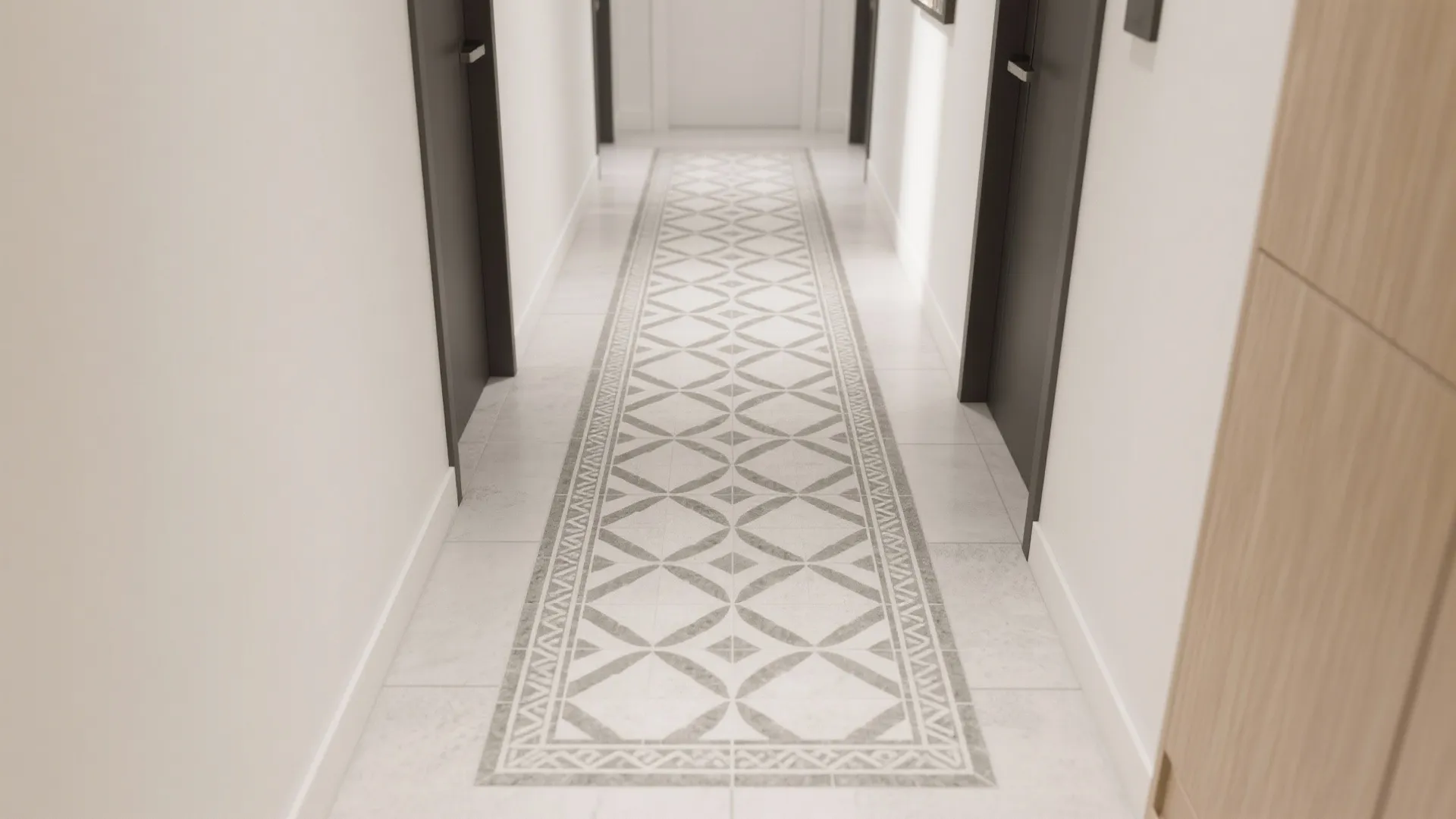Narrow hallway with white walls dark doors and a grey geometric pattern tile floor runner