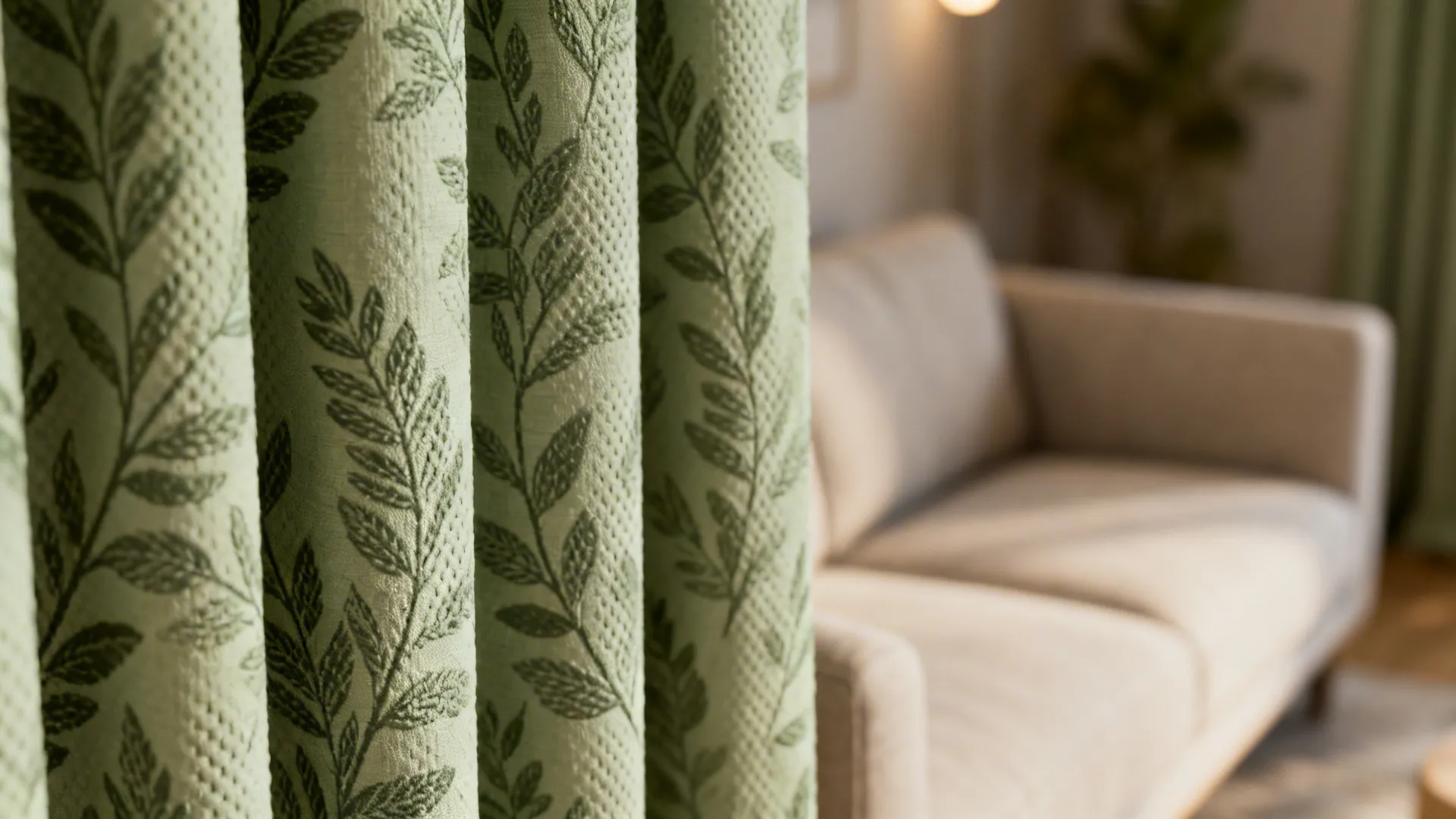 Close up of green curtains with leaf patterns and blurred beige sofa in the background