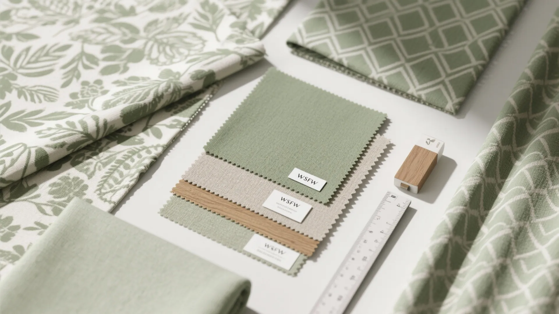 Green and white fabric samples with floral patterns and geometric shapes on a white table