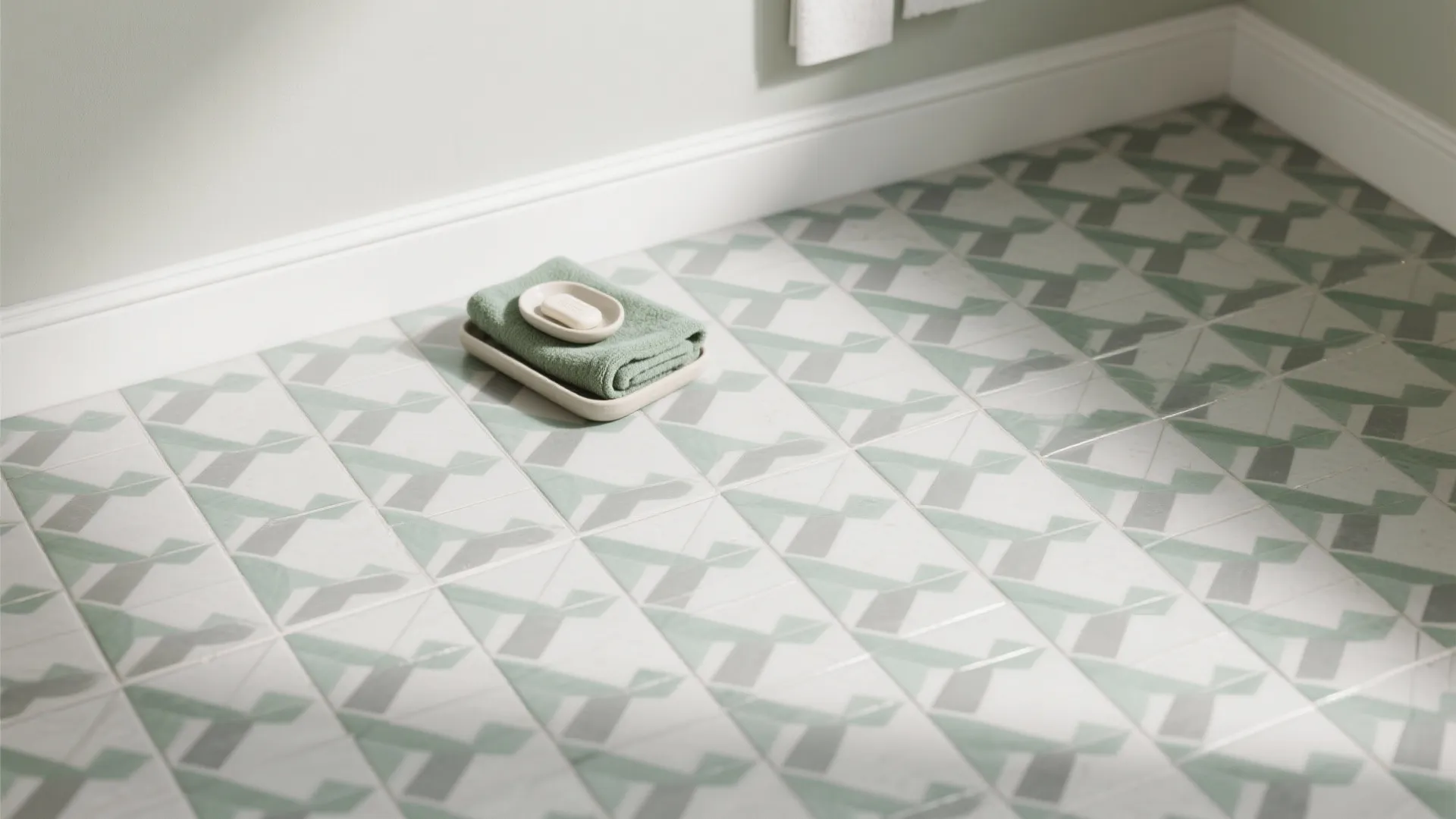 3. Patterned Sage and Grey Floor Tiles for Visual Interest