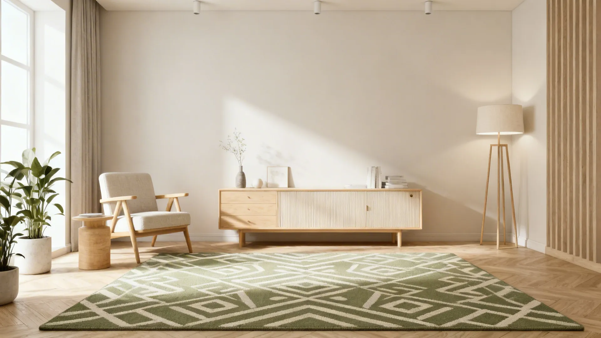 Minimalist living room featuring a green geometric rug, wooden cabinet, cream armchair, and floor lamp