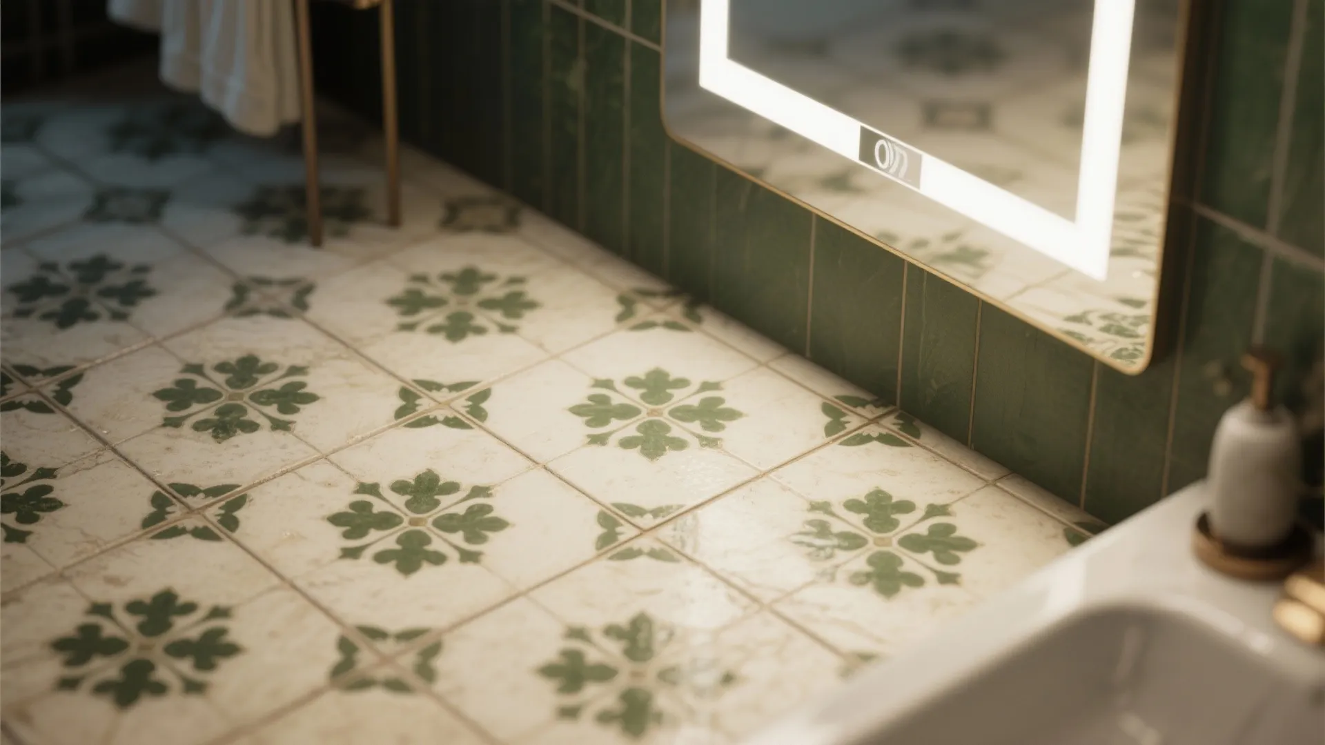 Close up of patterned floor tiles in a bathroom with green wall and glowing mirror frame
