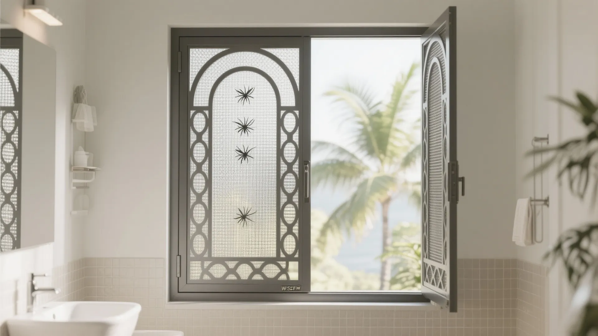 Bathroom window with laser-cut charcoal security screen over fine stainless mesh