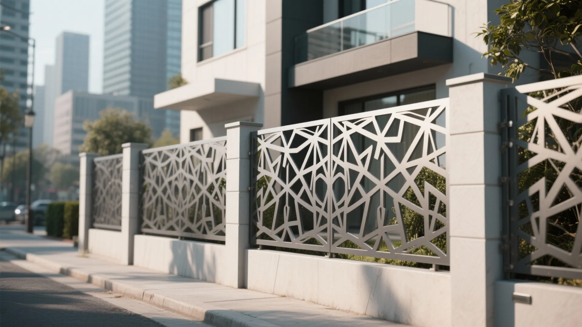 Grey metal screen railing with geometric patterns installed on a concrete base for a modern building
