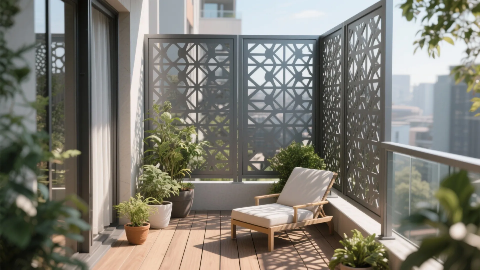Laser-cut aluminum privacy screens with geometric perforations casting soft shadows.