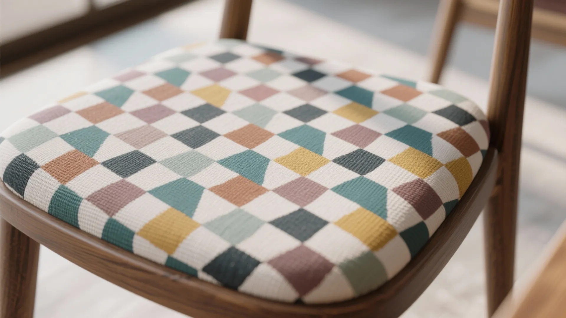 Close up view of a wooden chair seat featuring a colorful geometric pattern fabric indoors