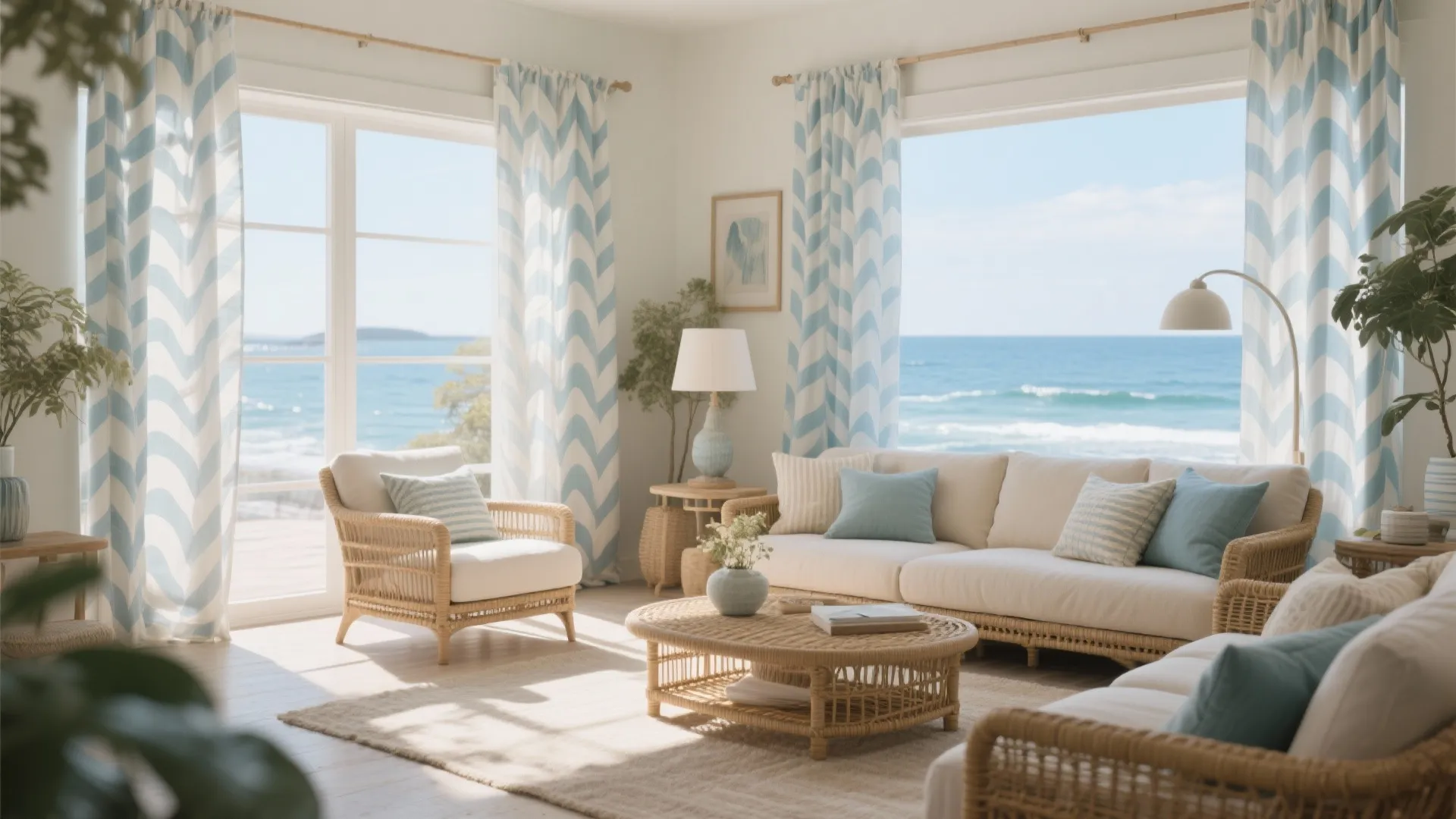 Coastal-inspired living room with patterned sheer curtains