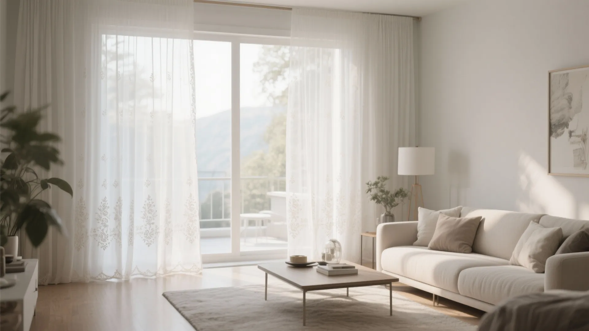 Bright living room with white sofa wooden table and sheer white curtains showing balcony view