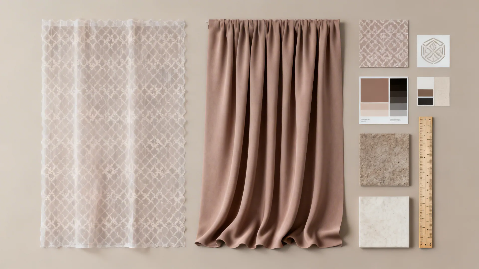 Interior design material flat lay with lace sheer fabric brown curtain color palette and stone