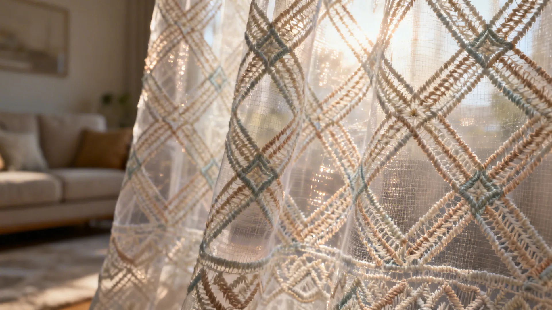 Close-up of a woven geometric patterned sheer showing texture and translucence