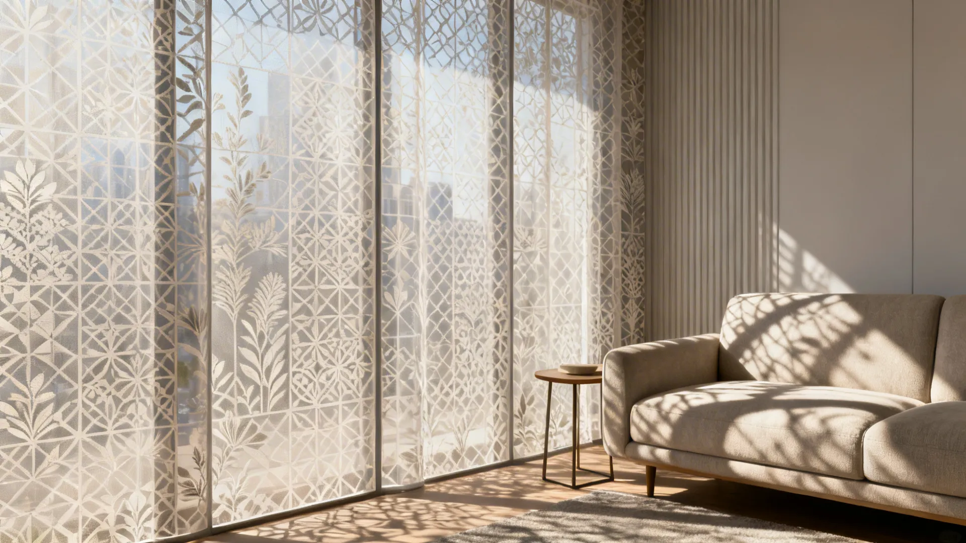 Compact living room with semi-sheer patterned curtains casting soft patterned light