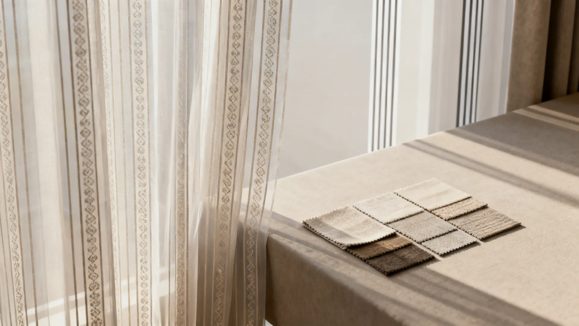 Sample layout of subtle vertical-patterned sheers and plain sheers with fabric swatches.