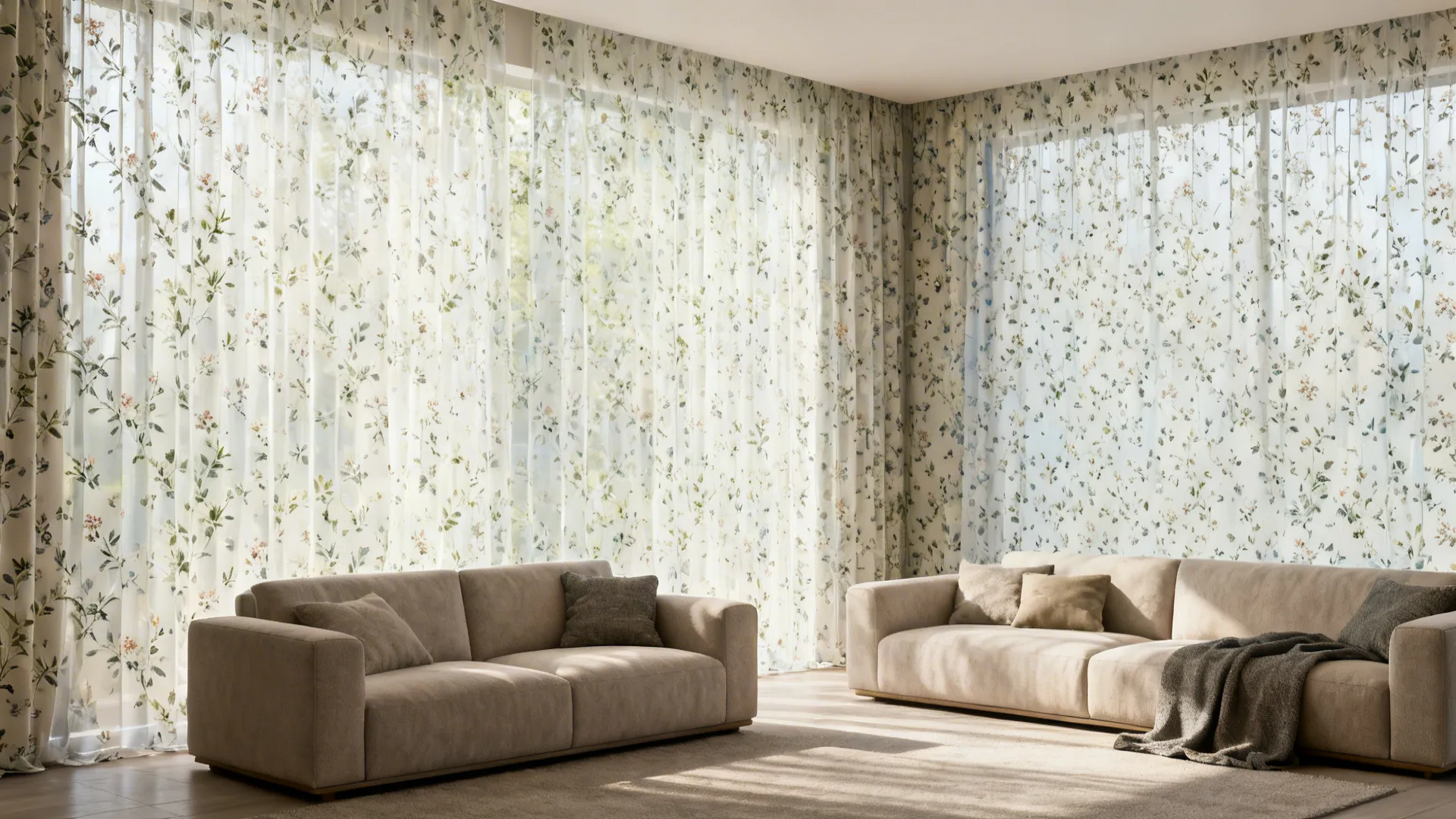 Living room with small-scale botanical patterned sheers paired with neutral sofas for a curated look.