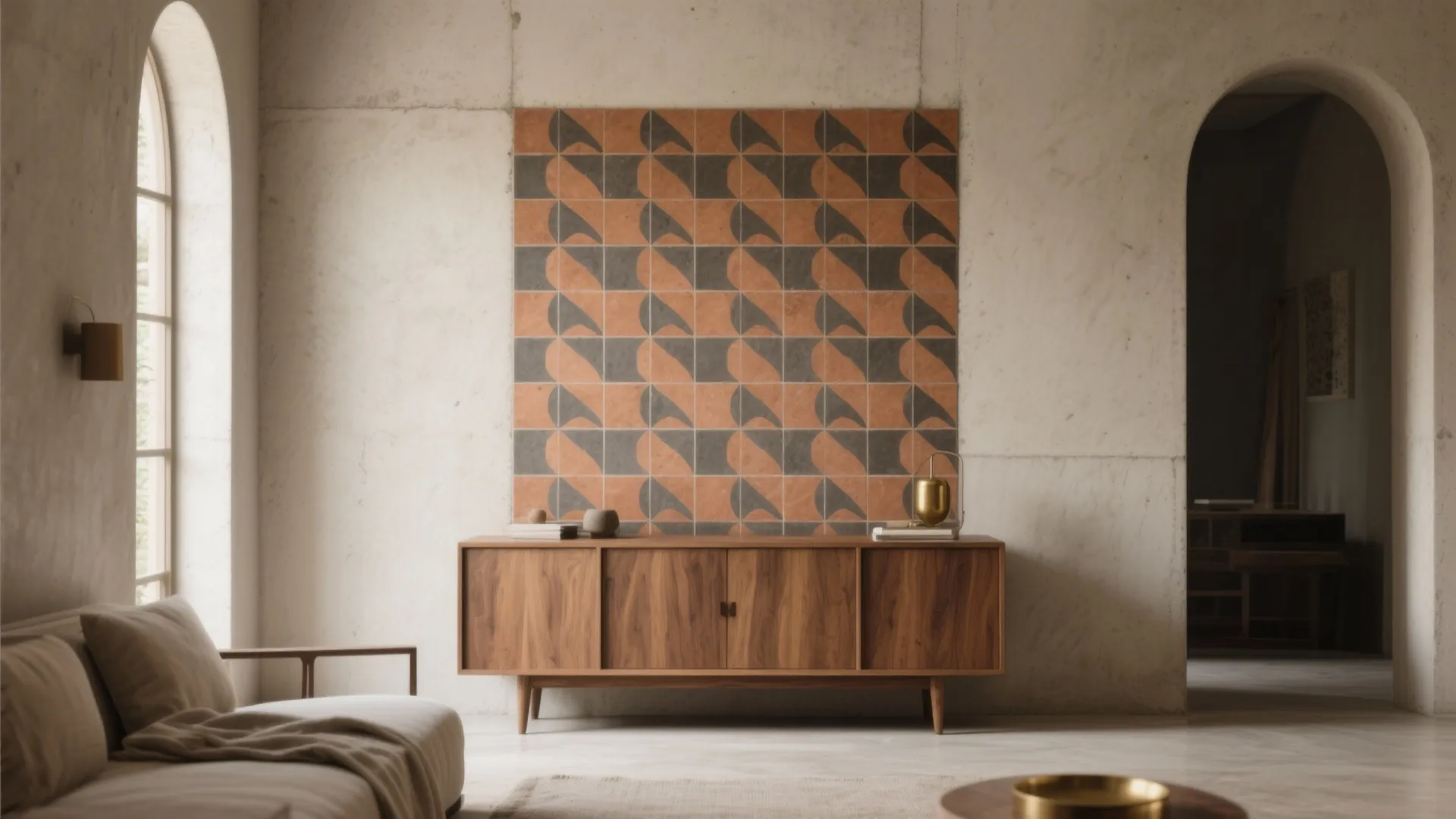 2) A patterned feature wall behind the sideboard