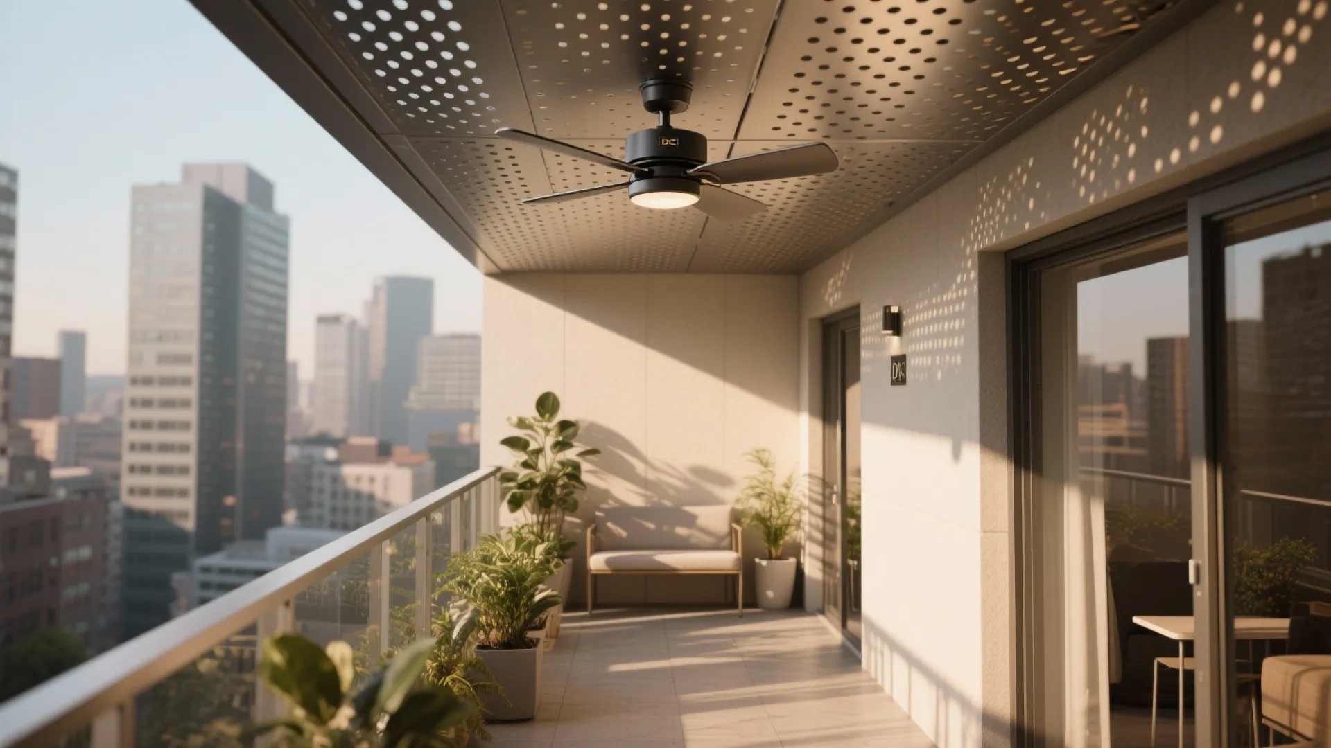 Modern balcony with black ceiling fan, small sofa, green potted plants, and big city view