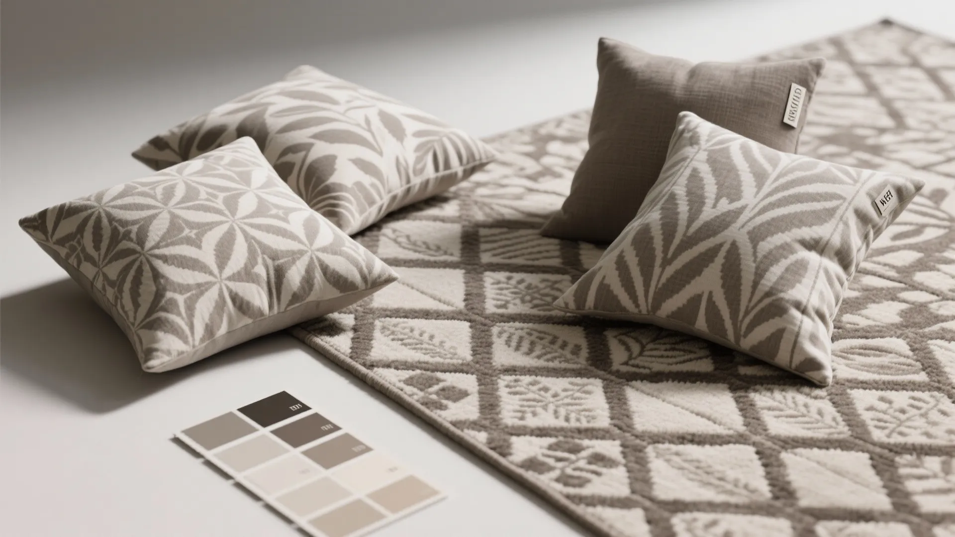 Patterned throw pillows and textured area rug displayed with a small neutral color palette card