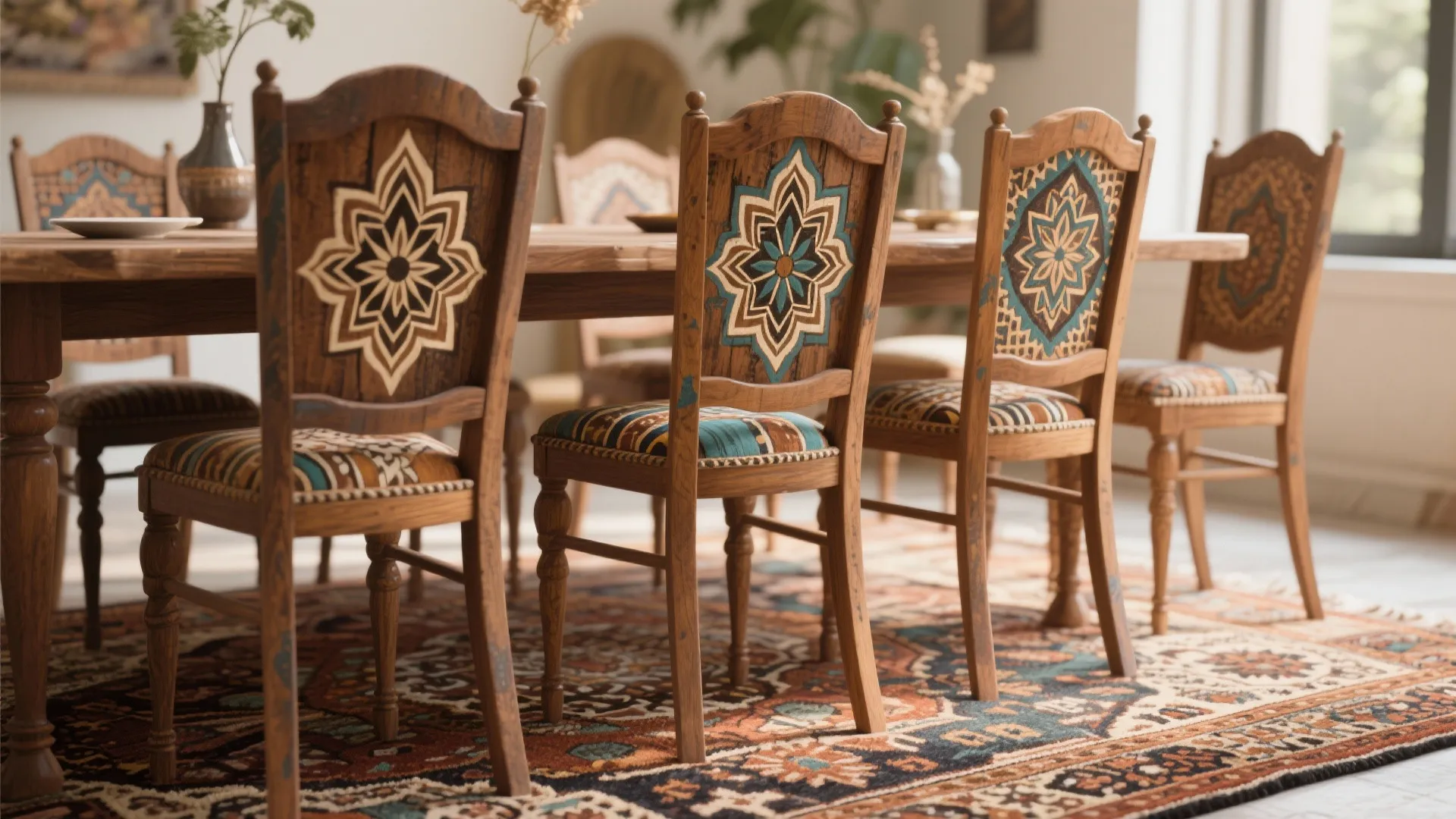 Wood dining chairs with Moroccan patterned stencils