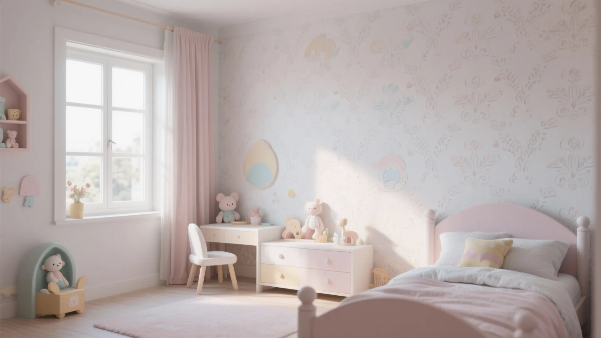 Pink kids bedroom with floral wallpaper pink bed white desk wooden chair and soft lighting