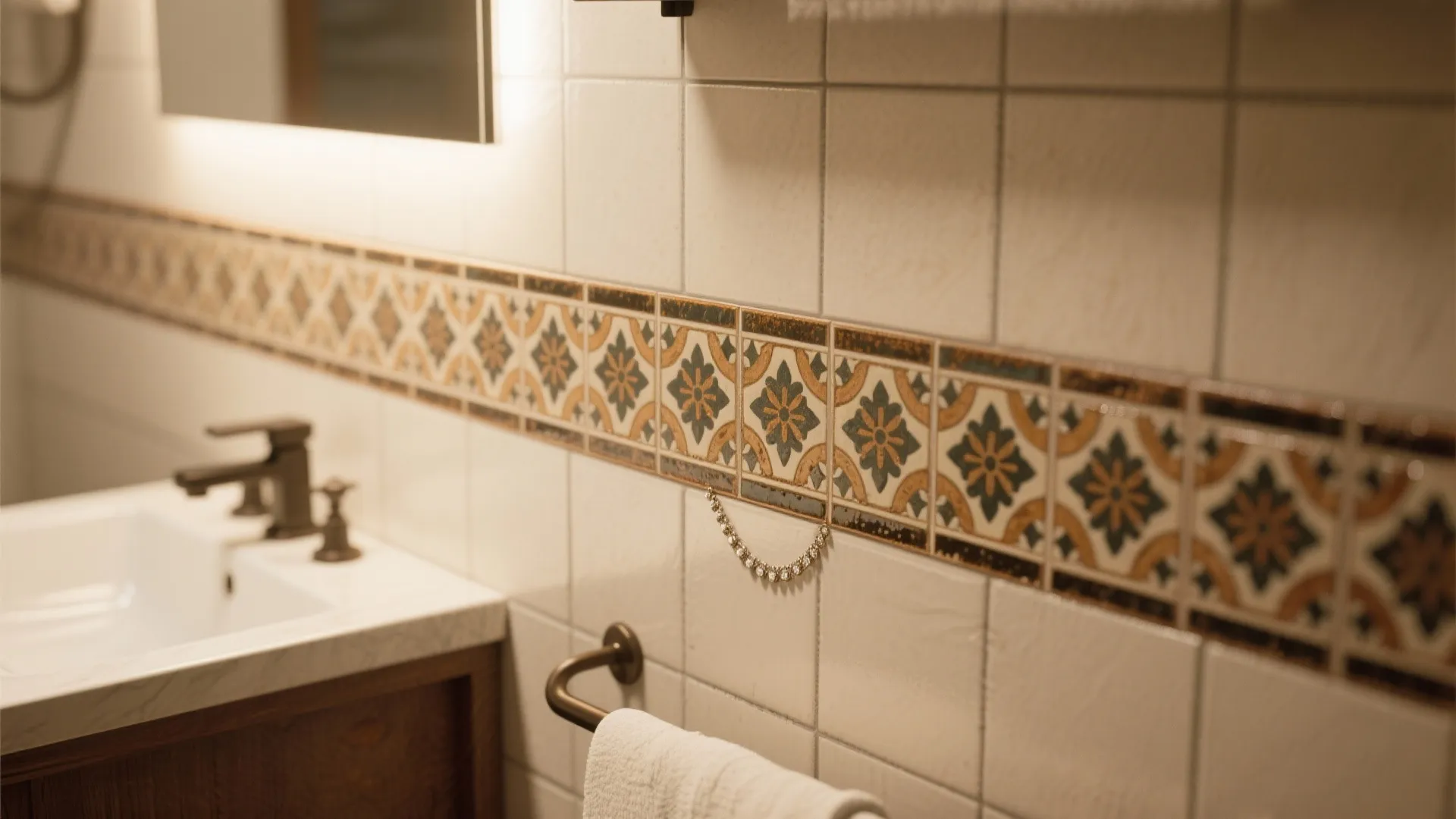 Close up of bathroom wall showing decorative patterned tiles with a white sink and towel