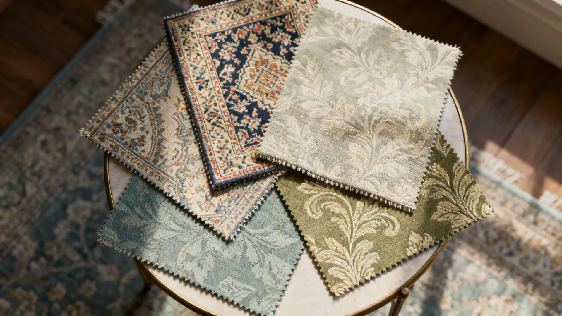 Top-down flatlay of tapestry and jacquard upholstery swatches in muted patterns.