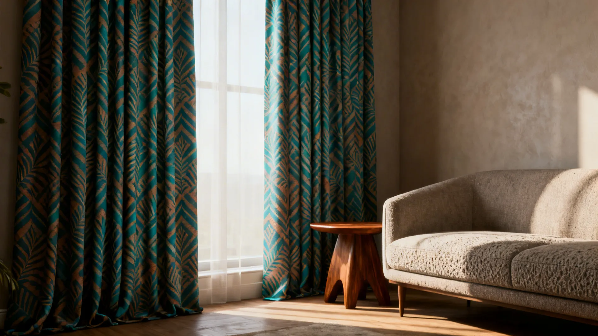 Living area with patterned teal and brown drapes anchoring a neutral sofa and wooden furniture.
