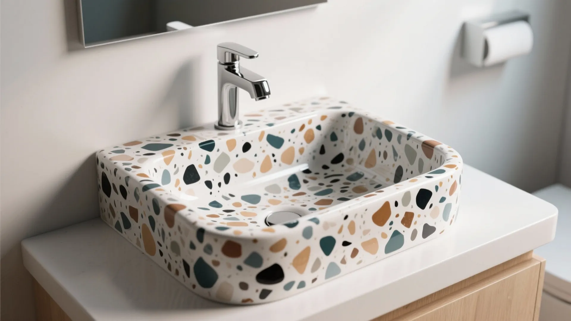 Colorful patterned bathroom sink with chrome faucet sitting on a white countertop and wood cabinet