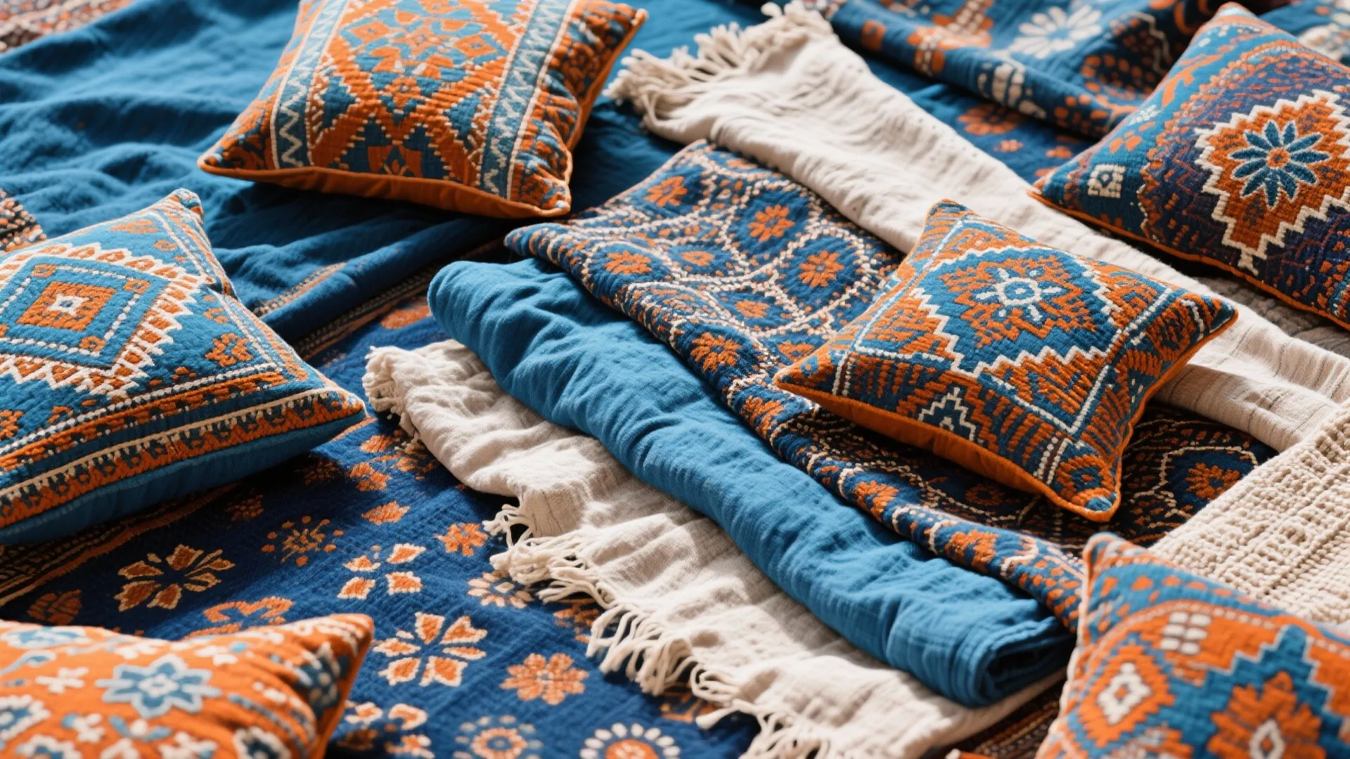 Blue and orange patterned pillows and blankets arranged on a bed with white fringe details