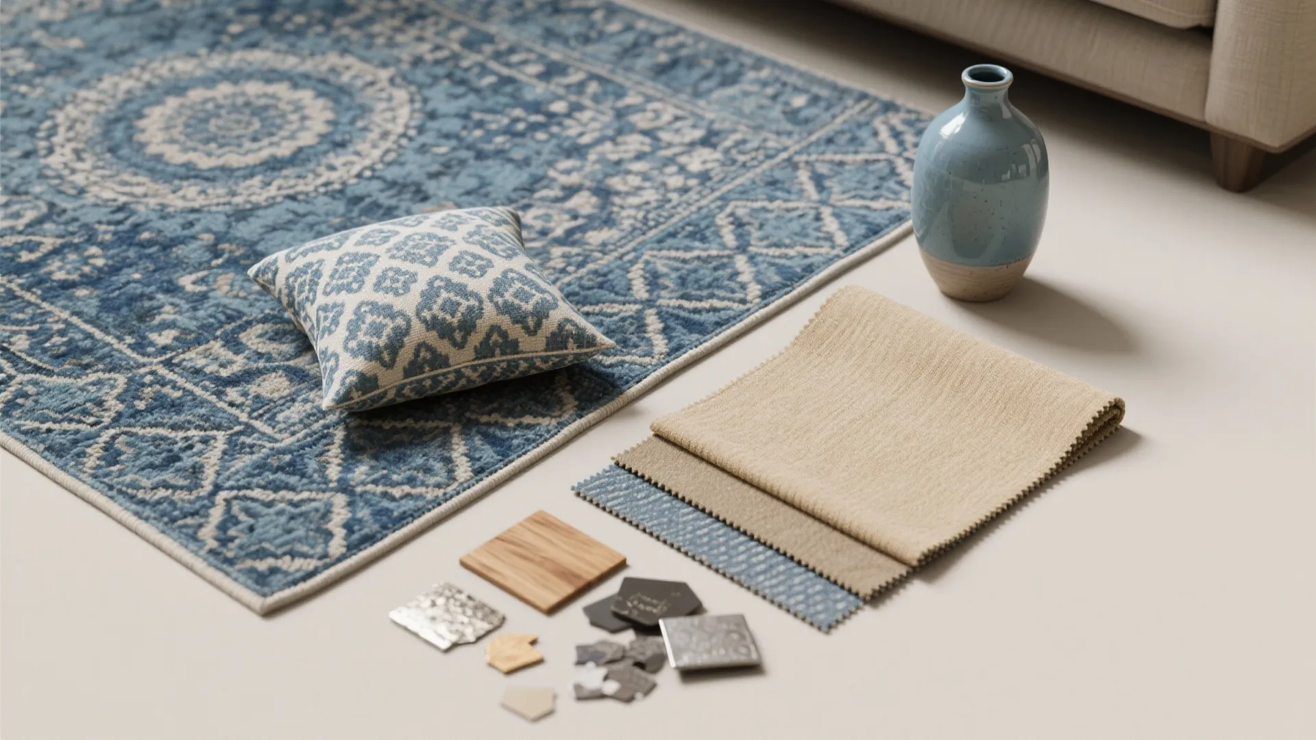 5. Patterned Play: Beige Base with Blue Patterned Textiles