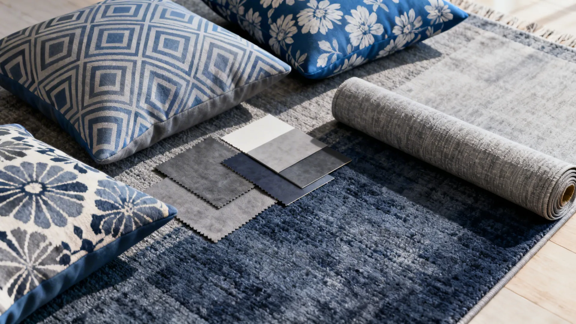 Flatlay of blue and gray patterned textiles and fabric swatches
