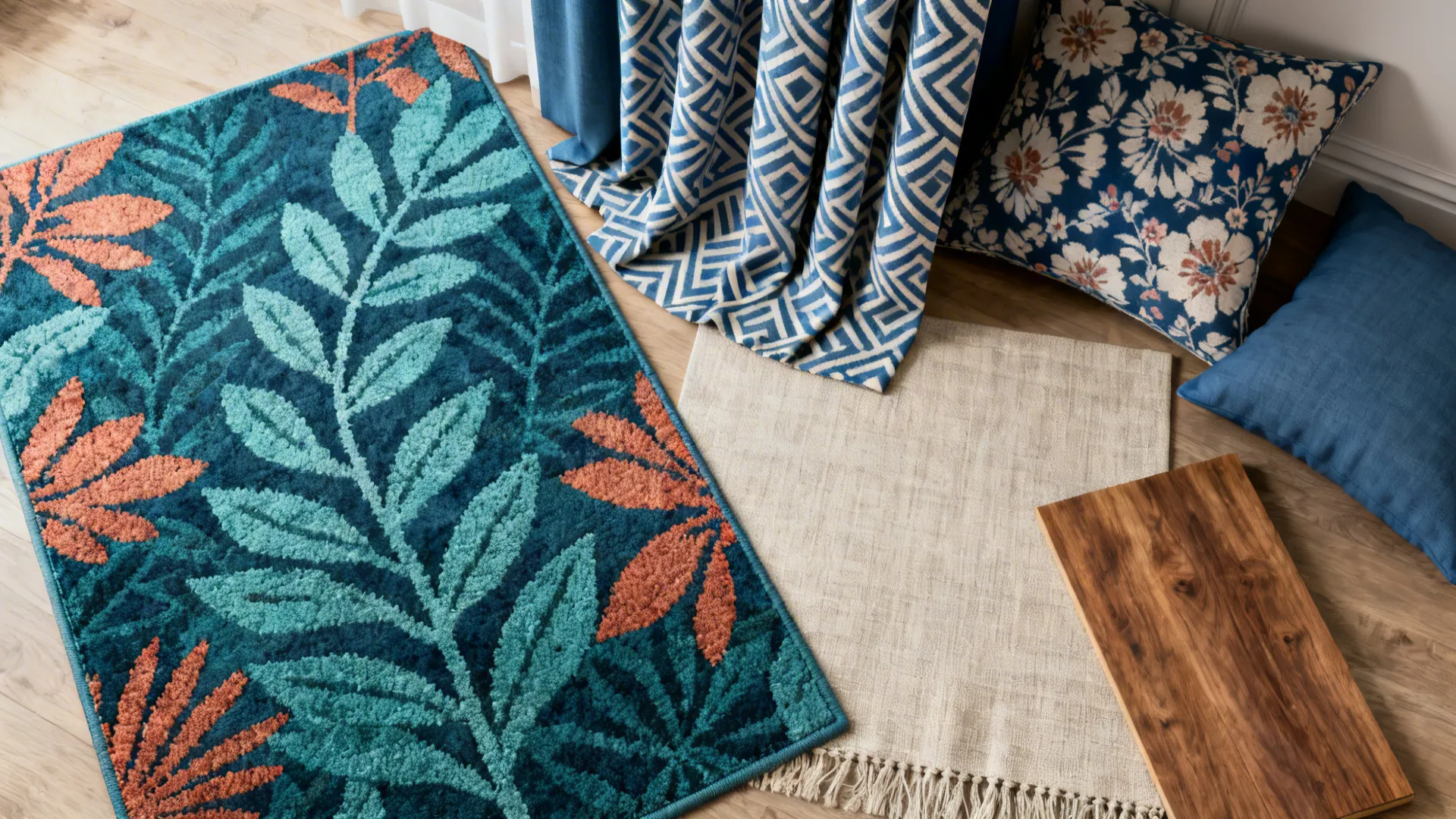 Flatlay of botanical rug and patterned textiles to complement blue walls