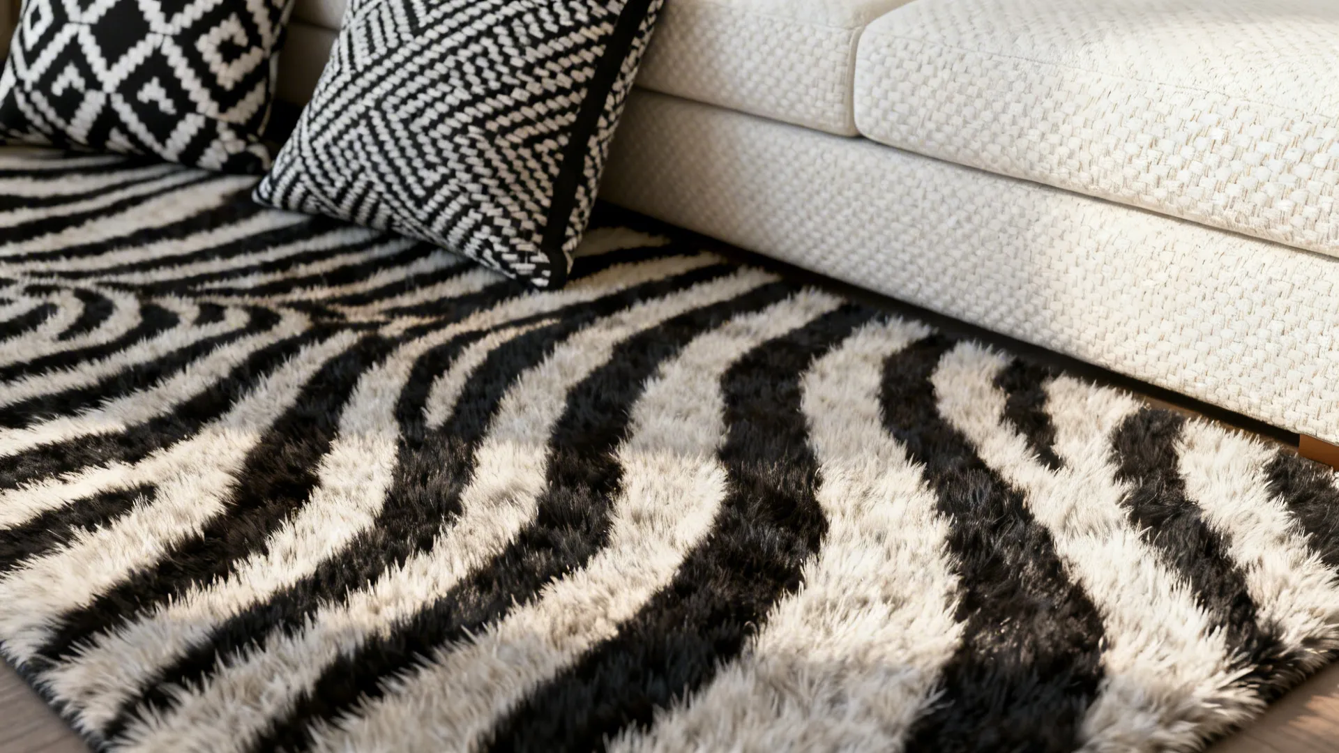 Close-up of black-and-white patterned rug and cushions showing texture and weave.
