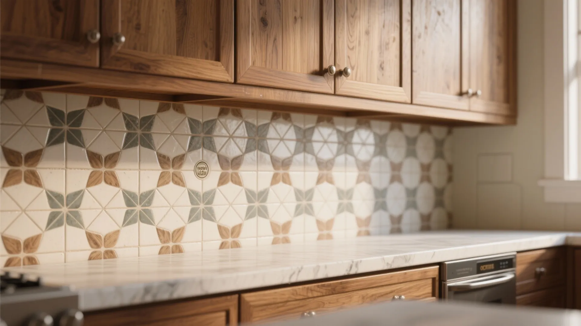 8. Patterned Tile Backsplash Behind Hickory Cabinets