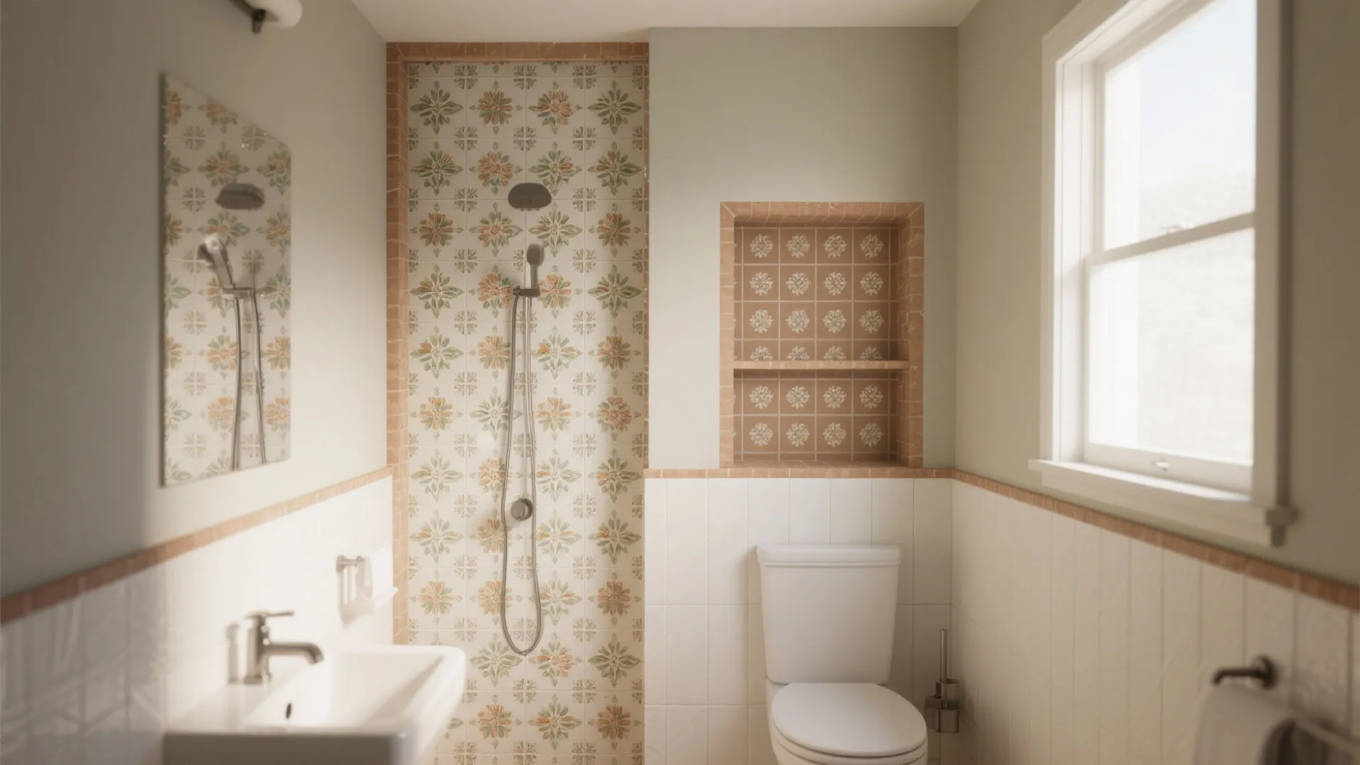 Small bathroom with floral patterned shower wall white toilet wash basin and a bright window