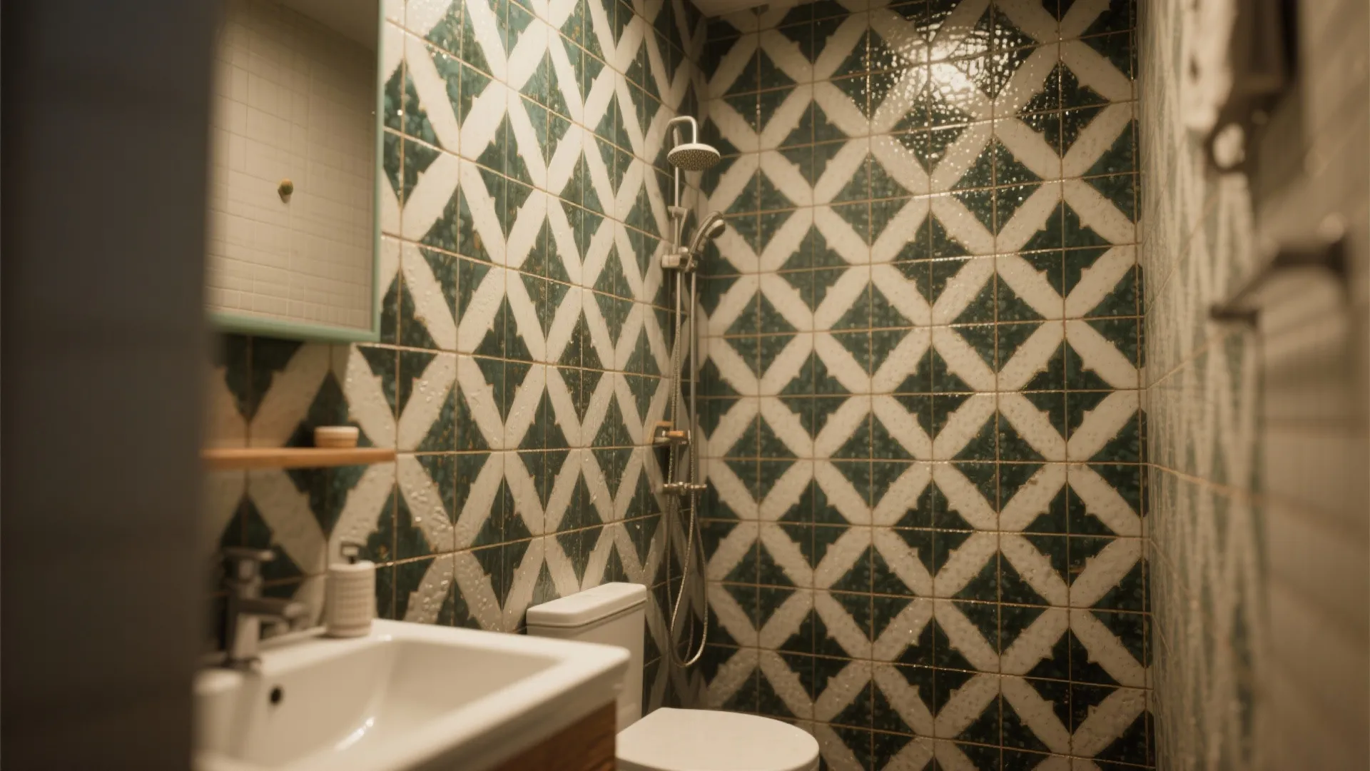 Modern bathroom featuring green and white diamond patterned tiles with shower head and white toilet