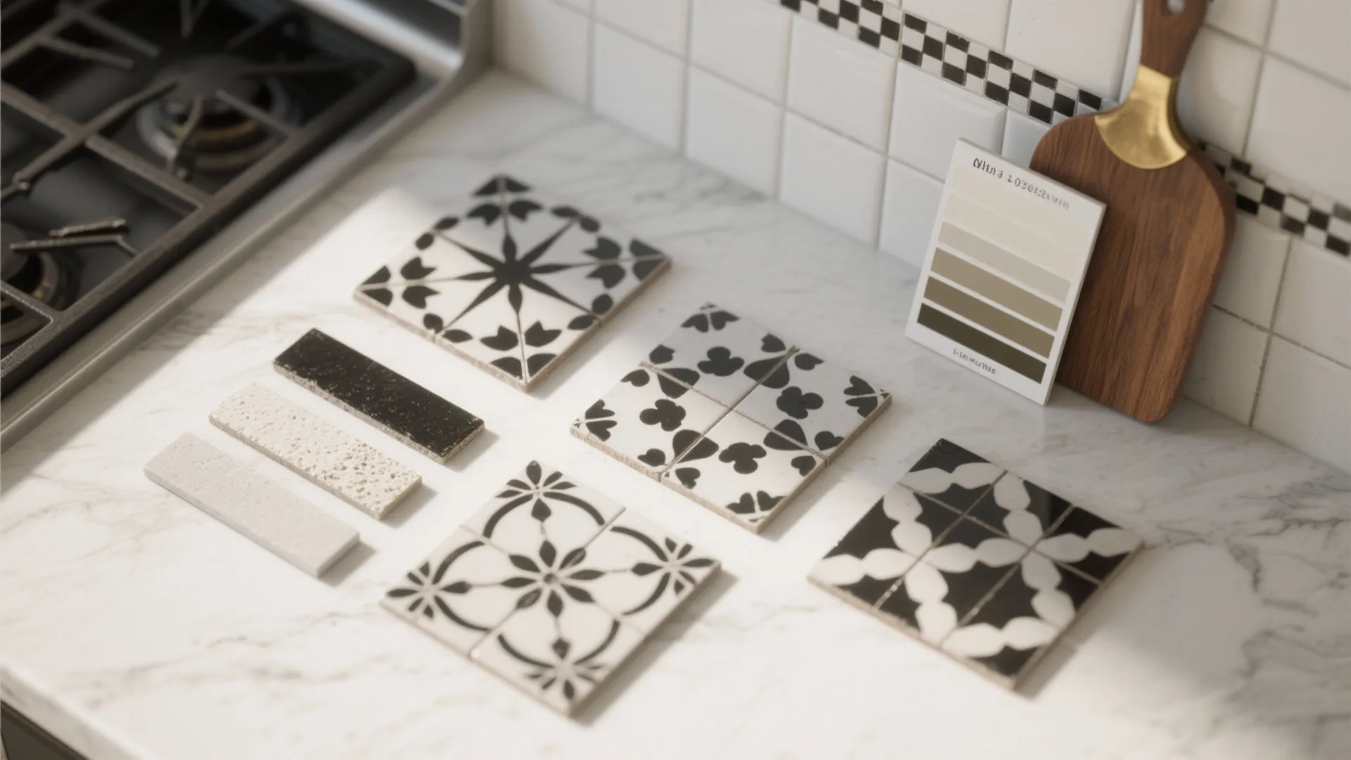 Black and white patterned tiles displayed on white marble countertop next to wooden cutting board