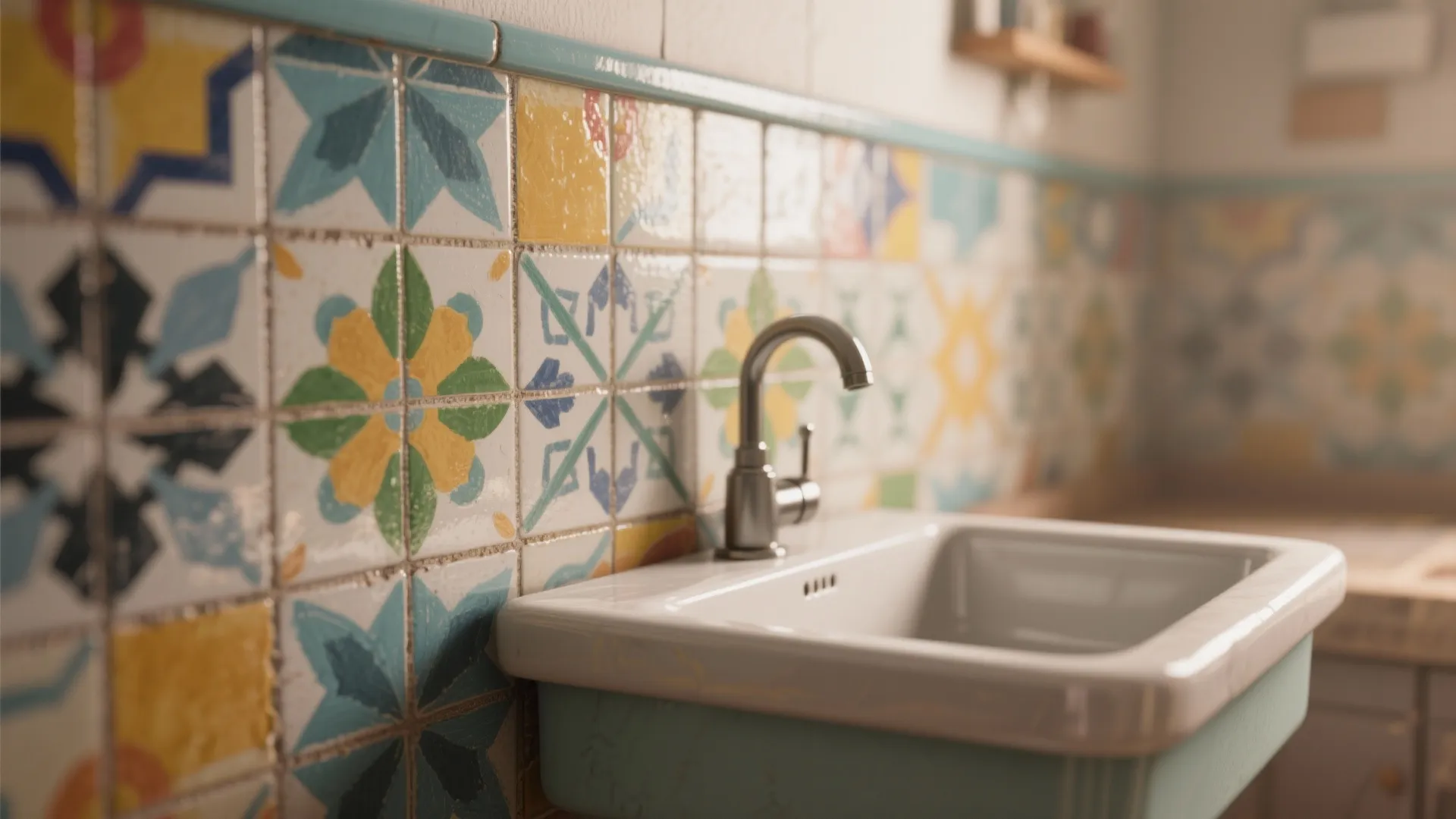 White ceramic sink with silver faucet set against a wall featuring colorful floral patterned tiles