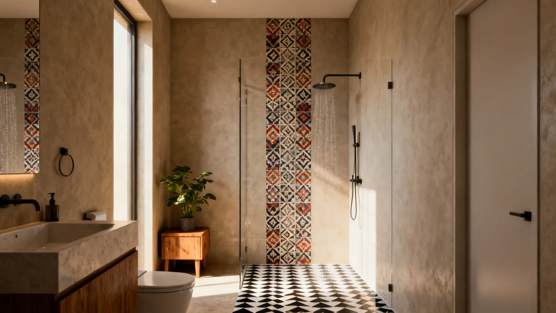 Small bathroom with a bold patterned tile band in the shower serving as a focal point.