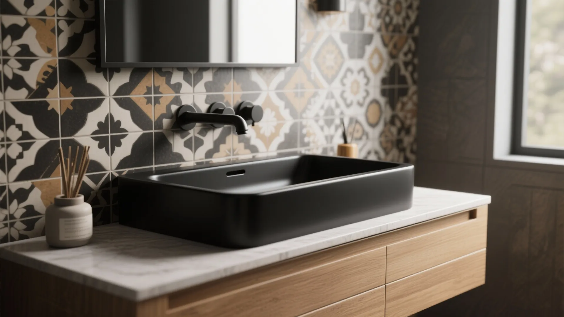 Modern bathroom featuring black sink on wood cabinet with black and yellow patterned wall tiles