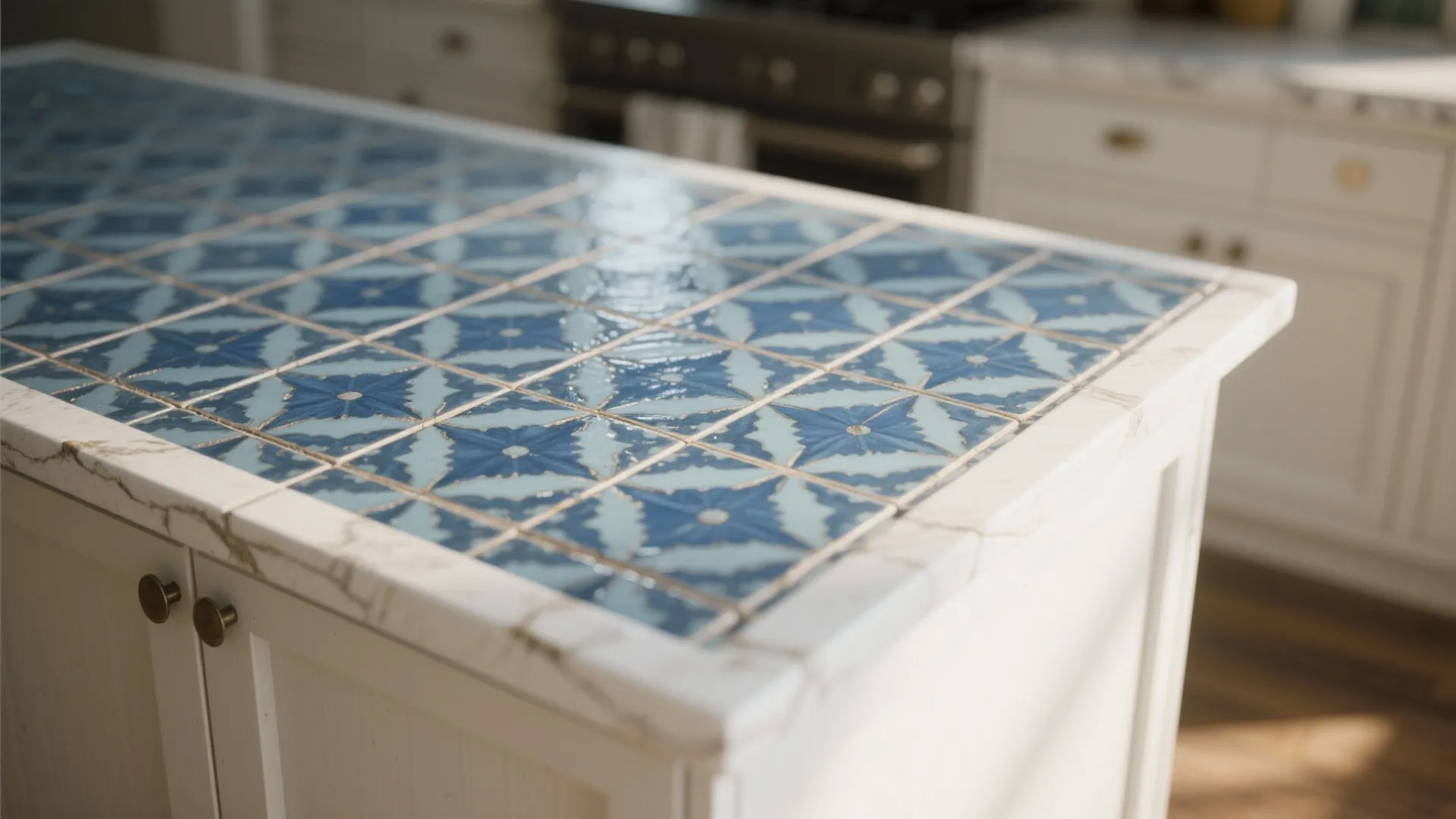 Close-up of patterned blue encaustic tile on an island face next to white cabinets.