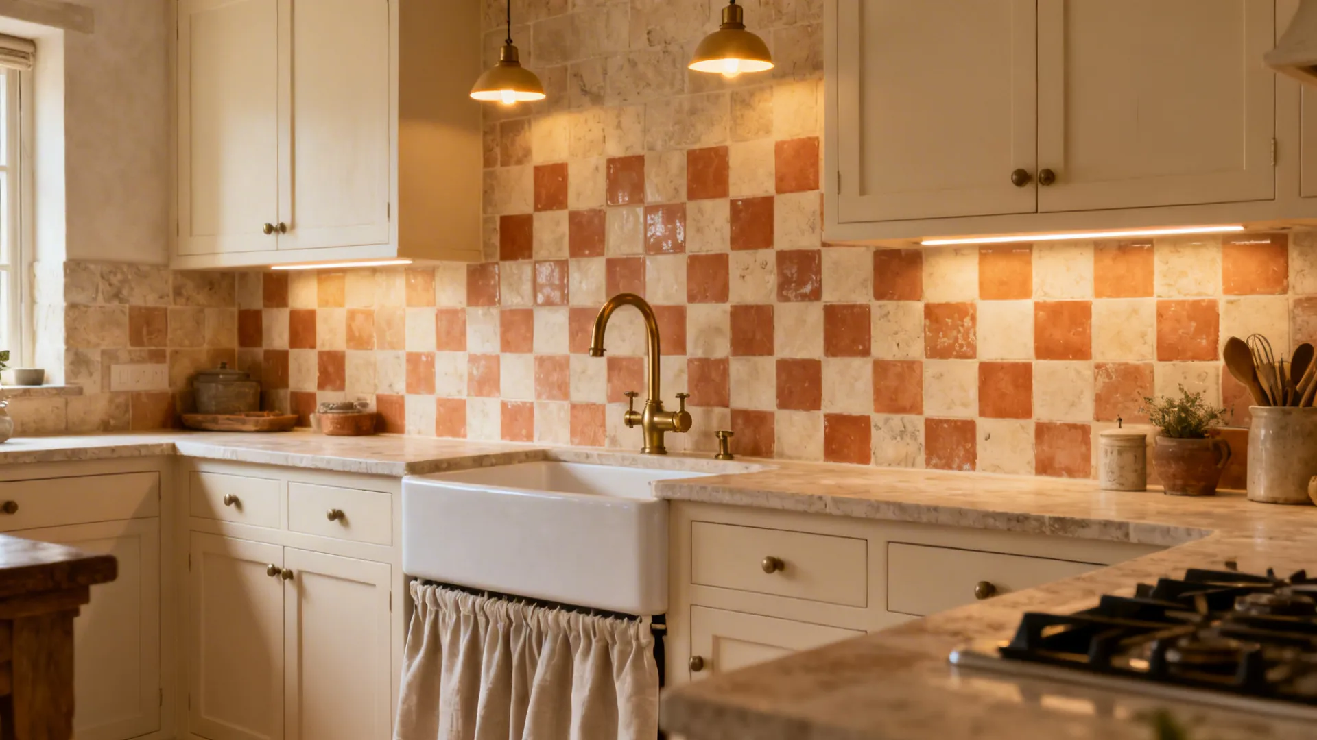 Farmhouse sink beneath petite pendants with a soft patterned backsplash and warm lighting.