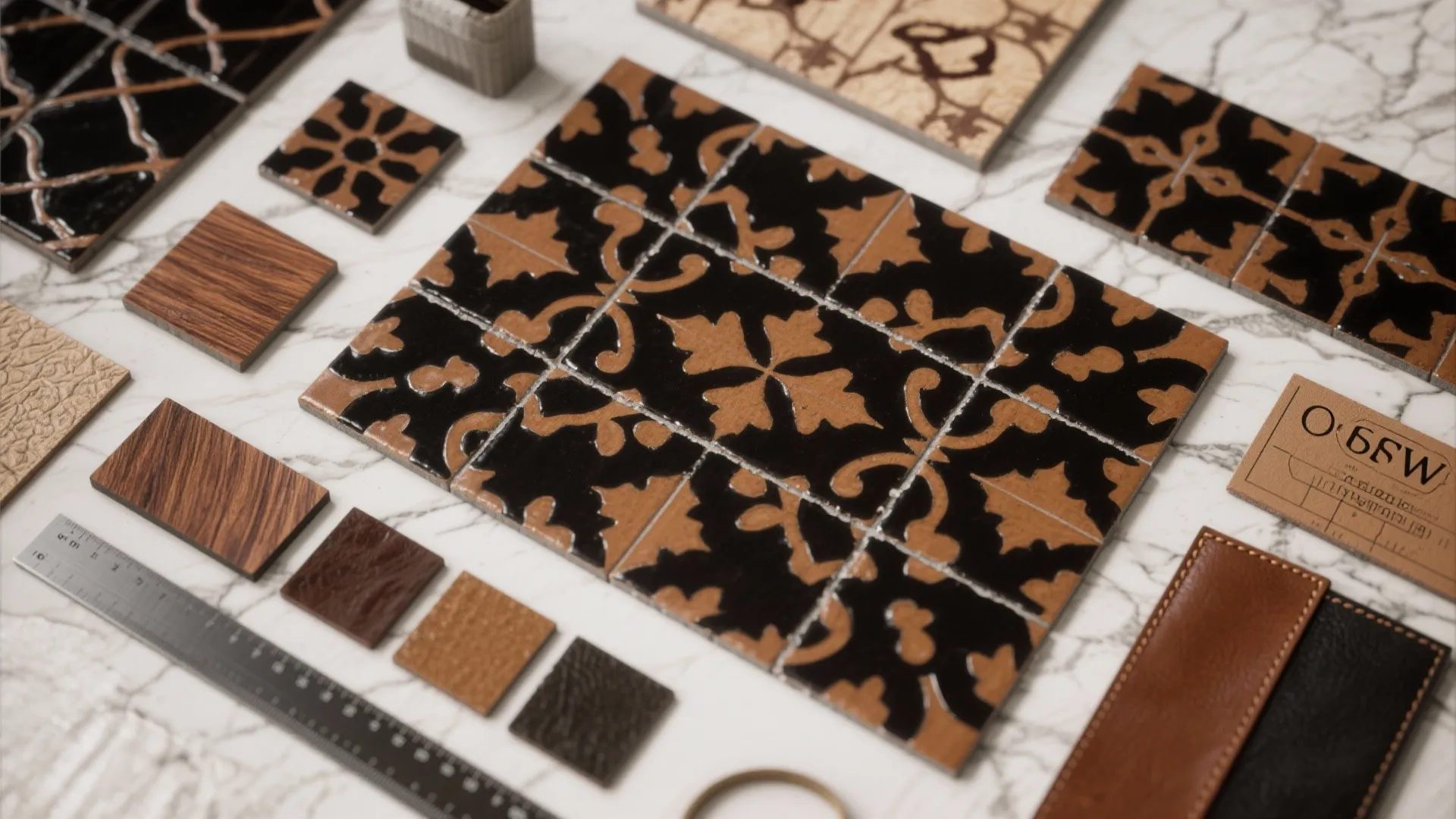 Flatlay of encaustic patterned tiles mixing black and brown with grout and material swatches.