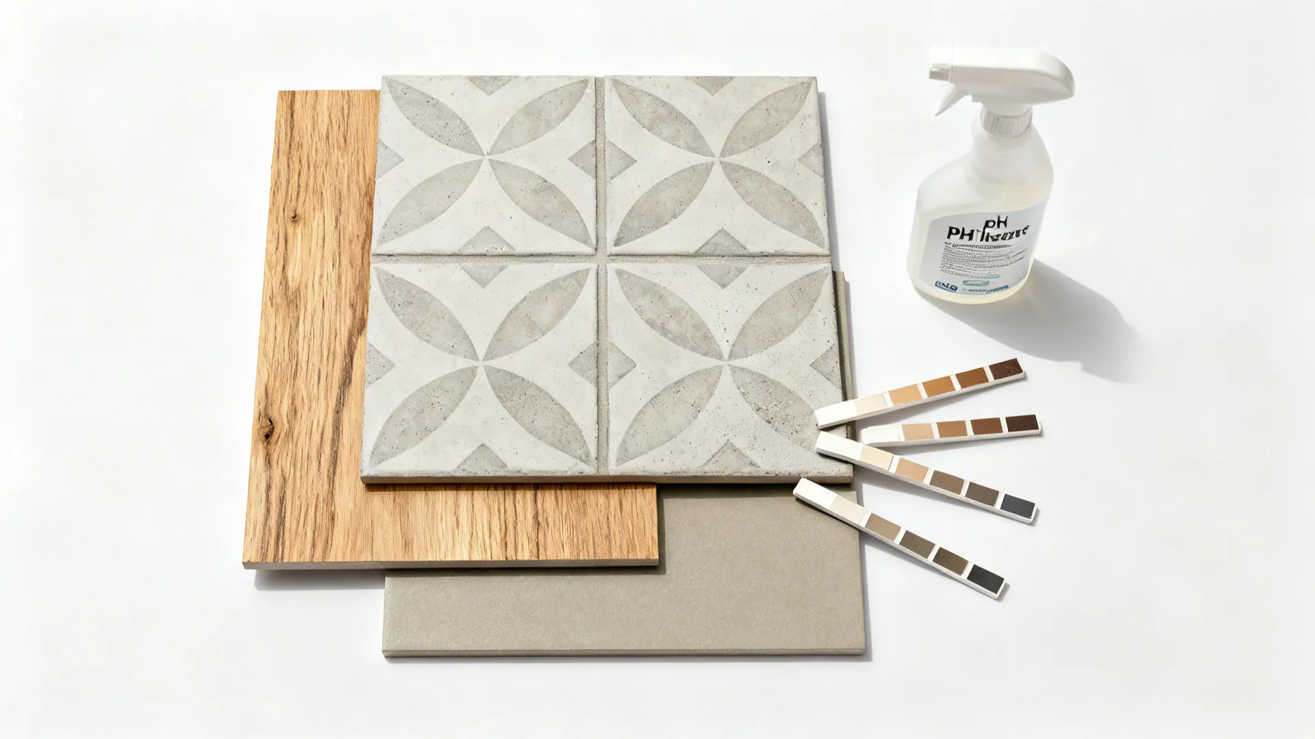 Top-down layout with patterned porcelain tile, base tile, wood veneer, and grout samples.