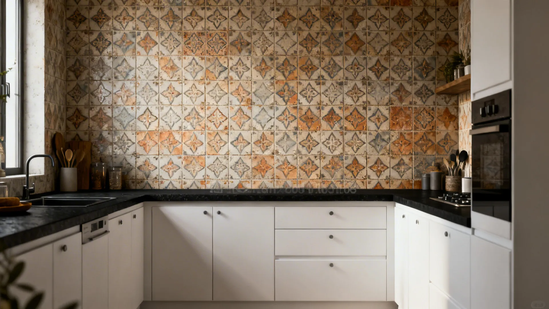 Galley kitchen with a bold encaustic-look patterned tile backsplash and black countertop.