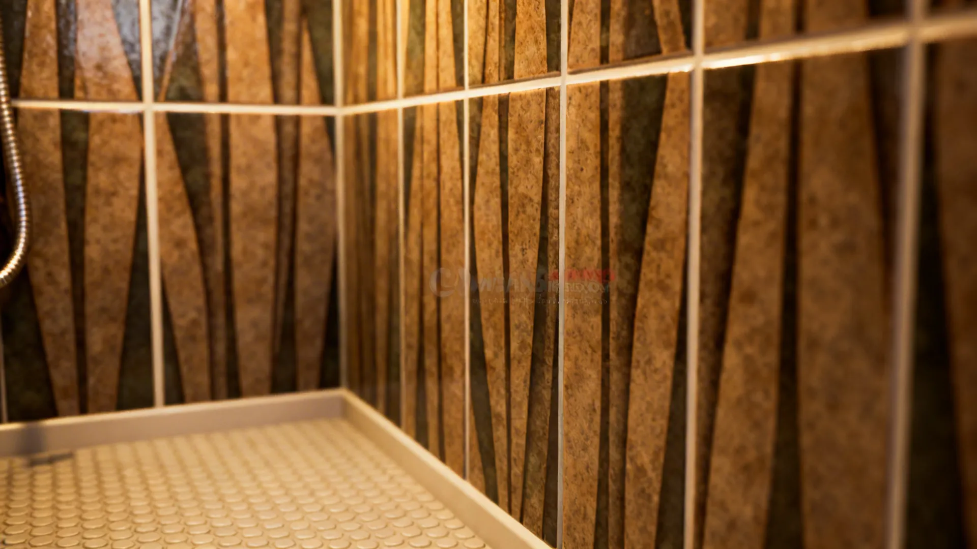 Patterned tile accent wall in a small shower with light grout and slip-resistant floor tile.