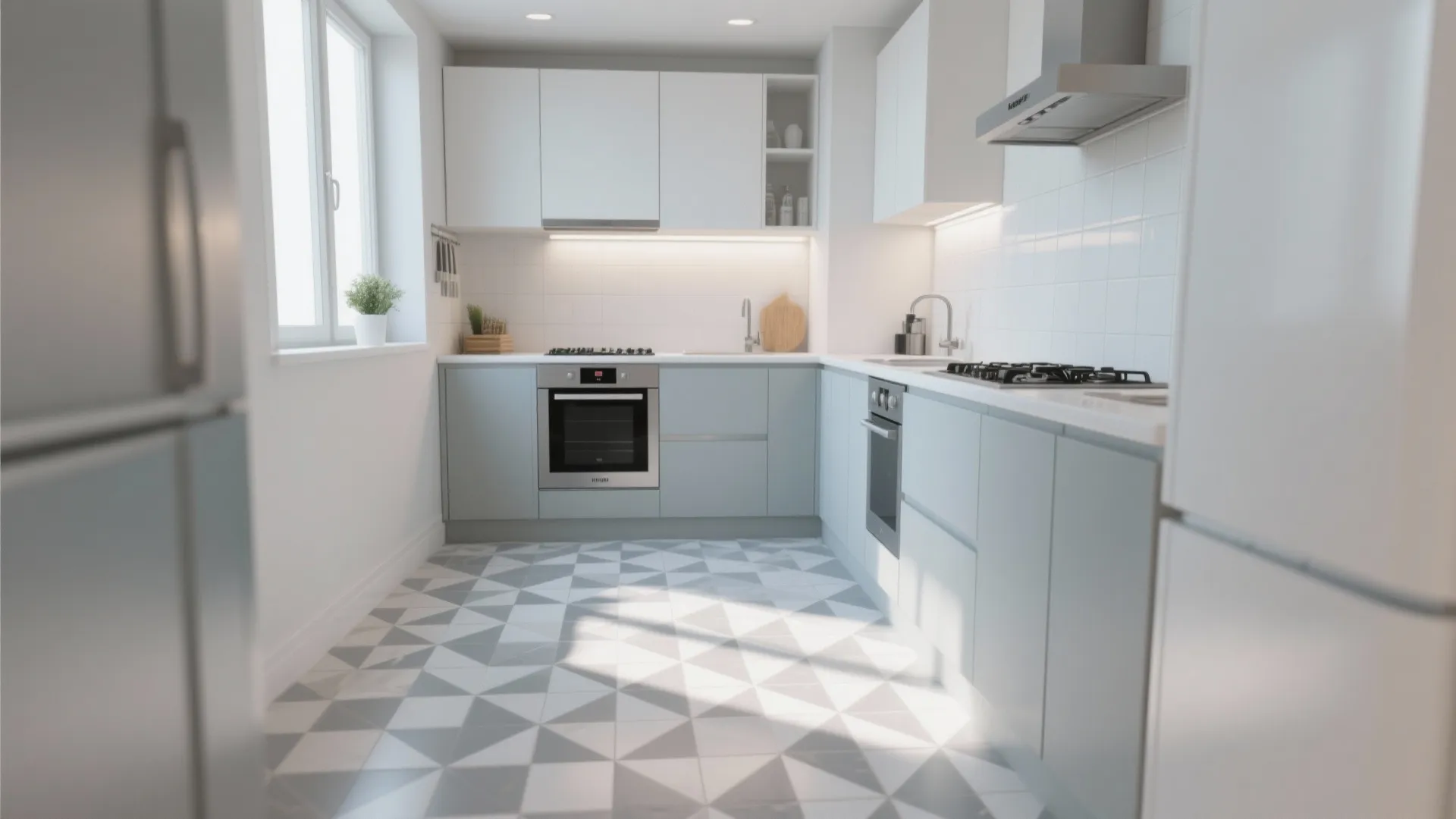 Bright kitchen with white upper cabinets light blue lower cabinets and grey triangular patterned tiles
